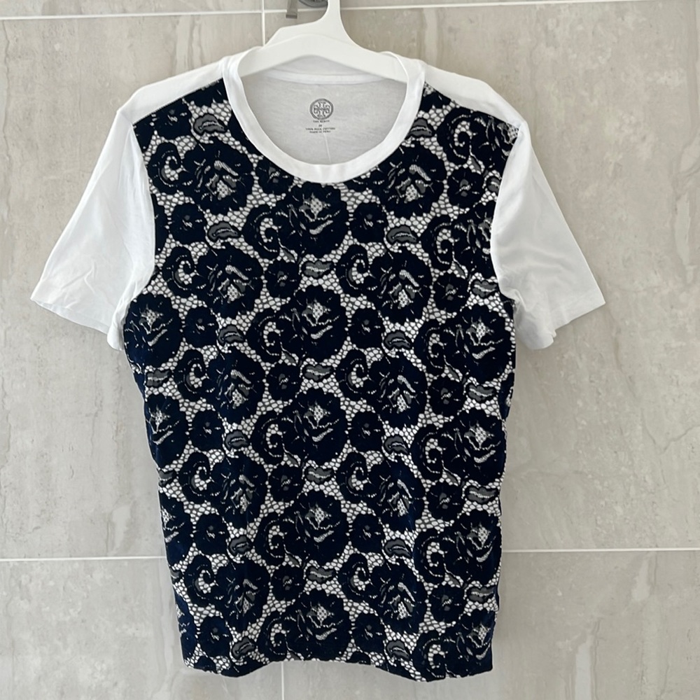 Tory Burch Navy and White Lace Overlay Top